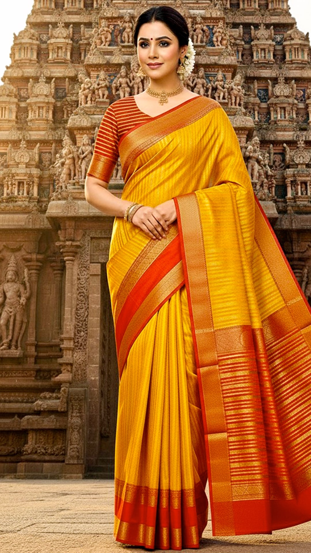 Yellow Semi Silk Saree with Rettapetta Border, photograph 1 of 2