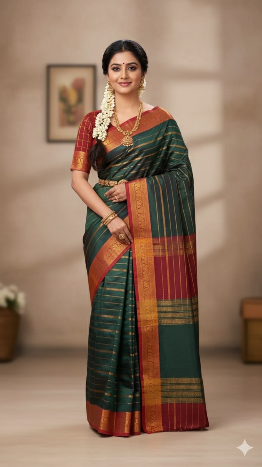 Dark Green Veldhari Semi Silk Saree, photograph 1 of 2