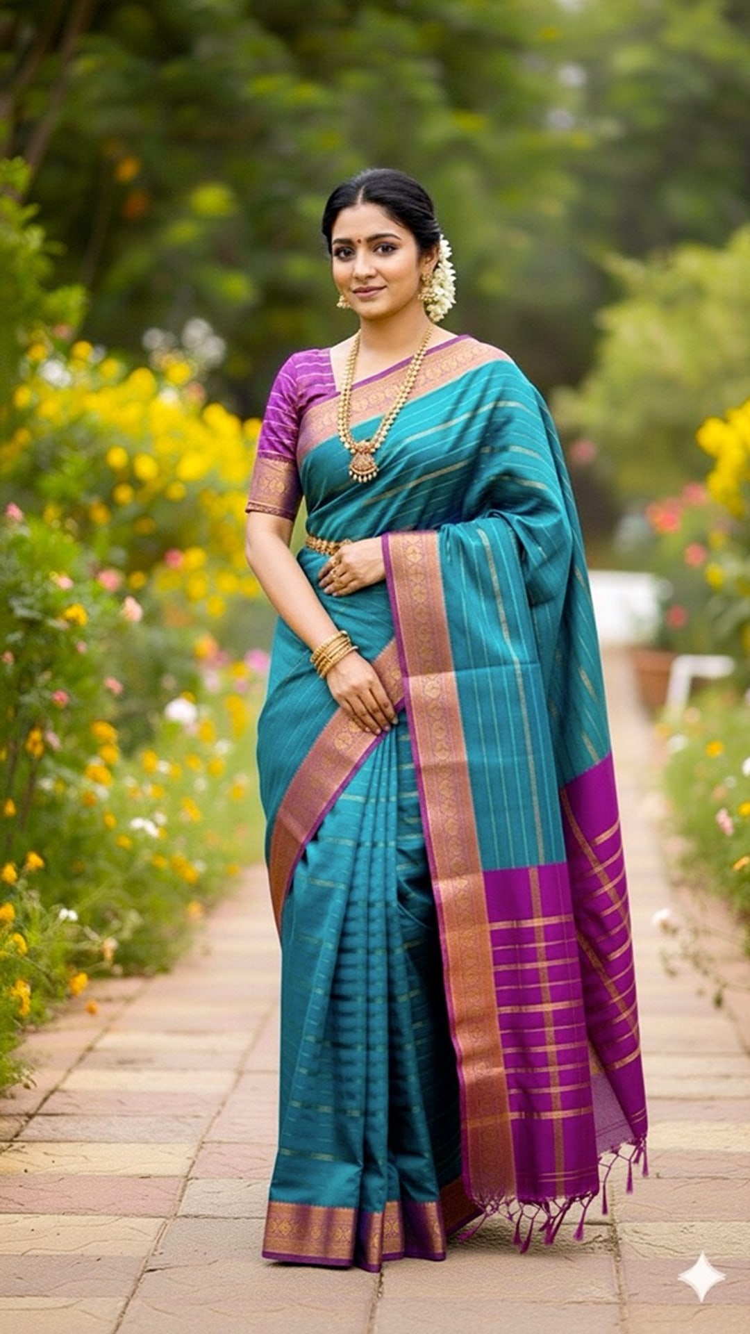 Peacock Blue Veldhari Semi Silk Saree, photograph 1 of 2