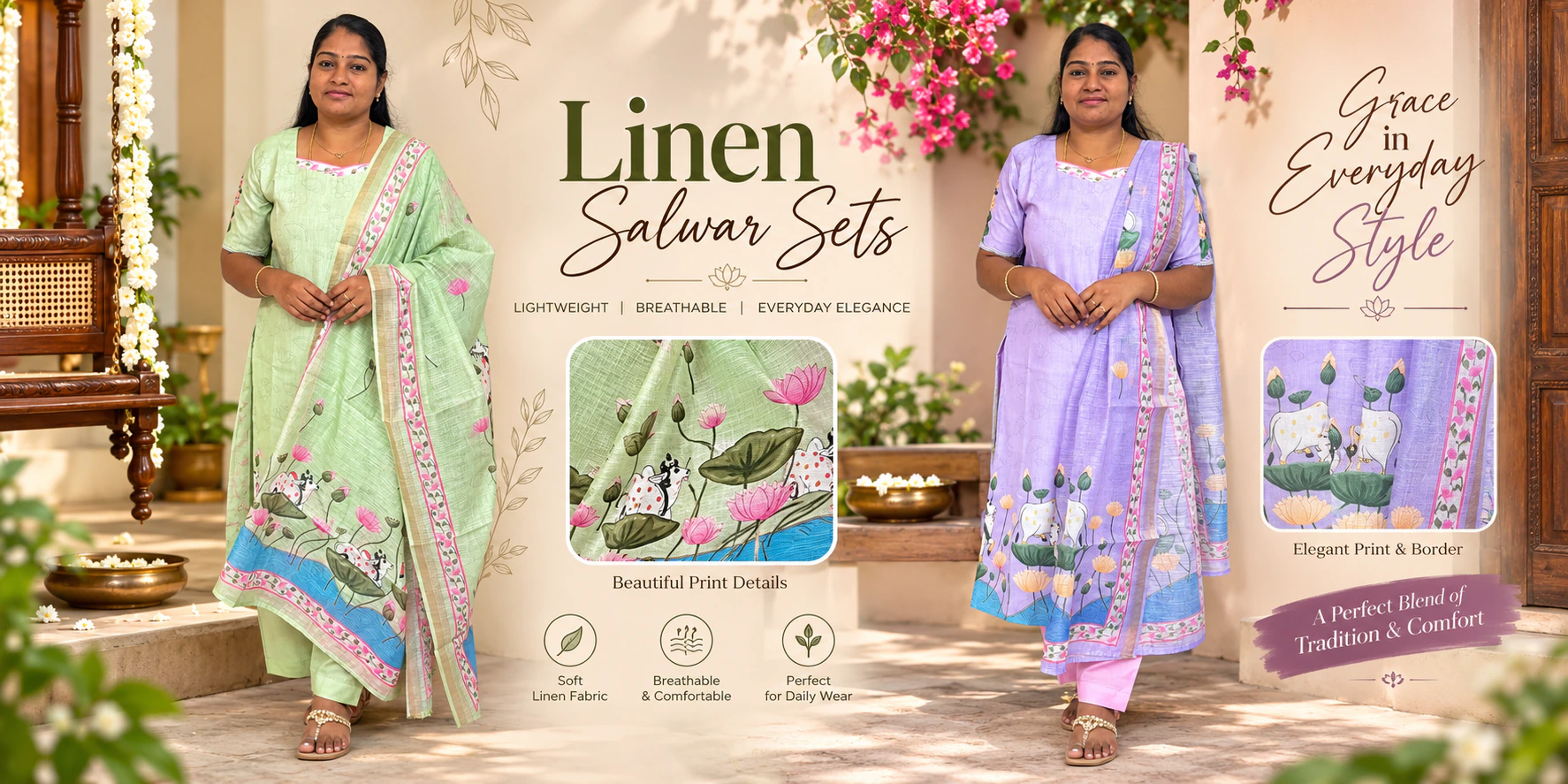 Linen salwar sets: lightweight, breathable, everyday elegance. Grace in everyday style.