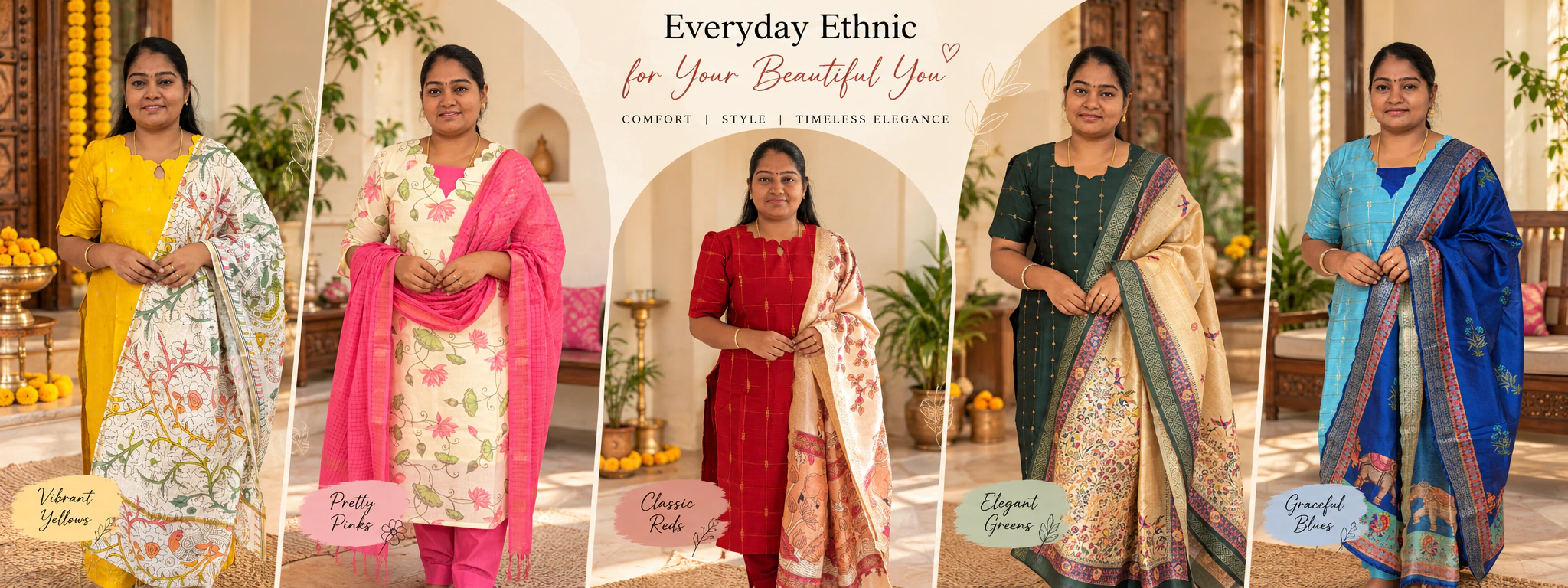 Everyday ethnic for your beautiful you: comfort, style and timeless elegance in vibrant yellows, pretty pinks, classic reds, elegant greens and graceful blues.