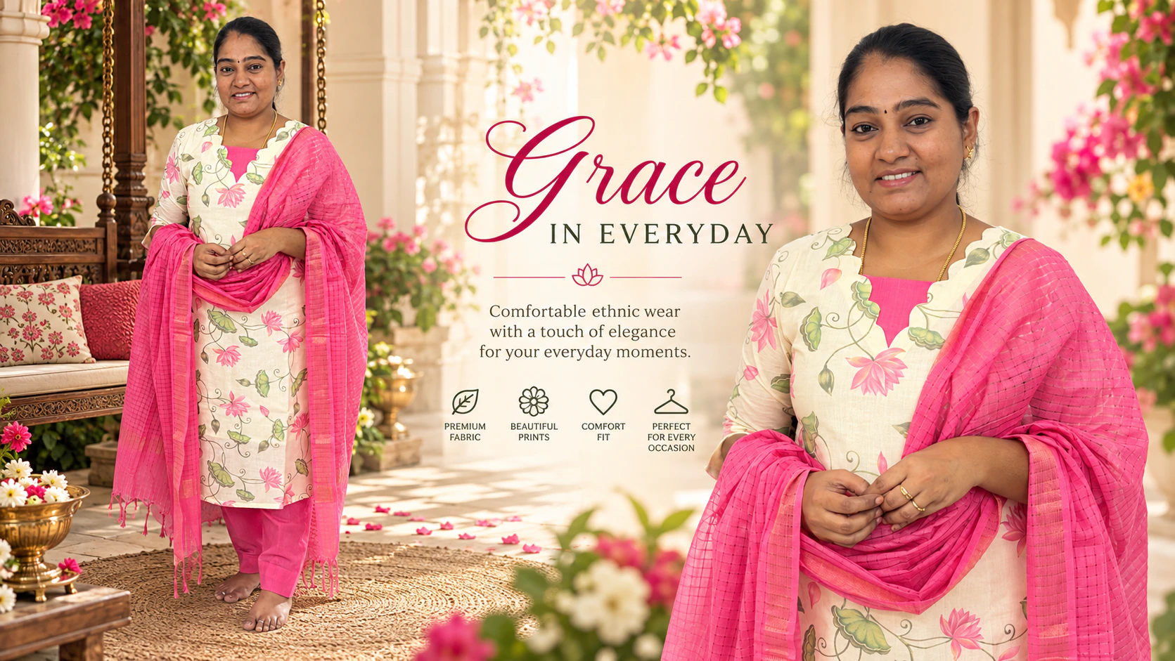 Grace in everyday: comfortable ethnic wear with a touch of elegance for your everyday moments.