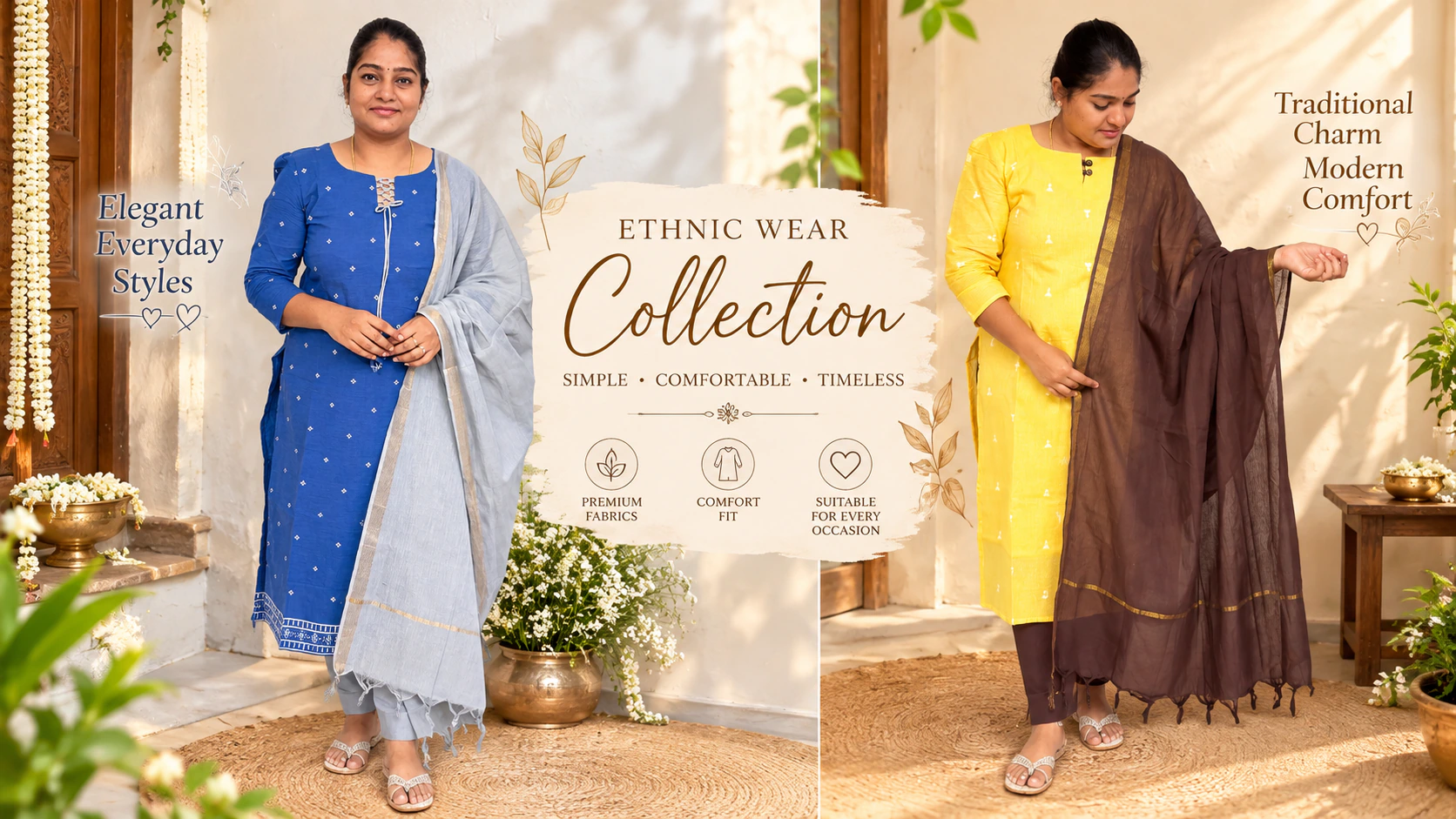 Ethnic wear collection: simple, comfortable, timeless. Elegant everyday styles with traditional charm and modern comfort.