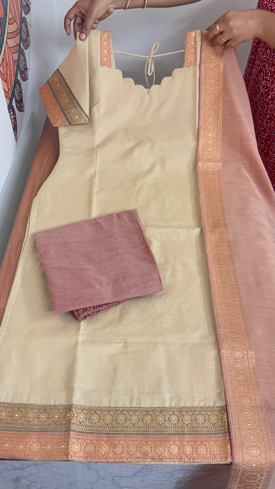 cream and pink combination salwar set, photograph 4 of 4