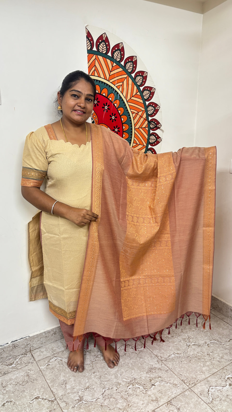 cream and pink combination salwar set, photograph 1 of 4