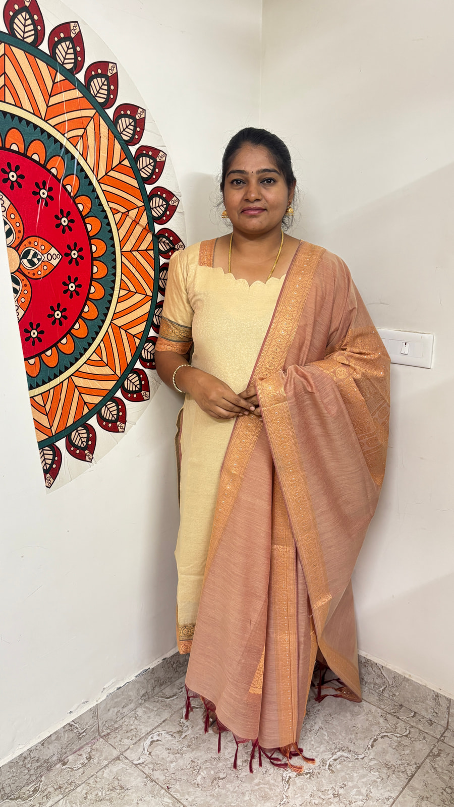 cream and pink combination salwar set, photograph 2 of 4