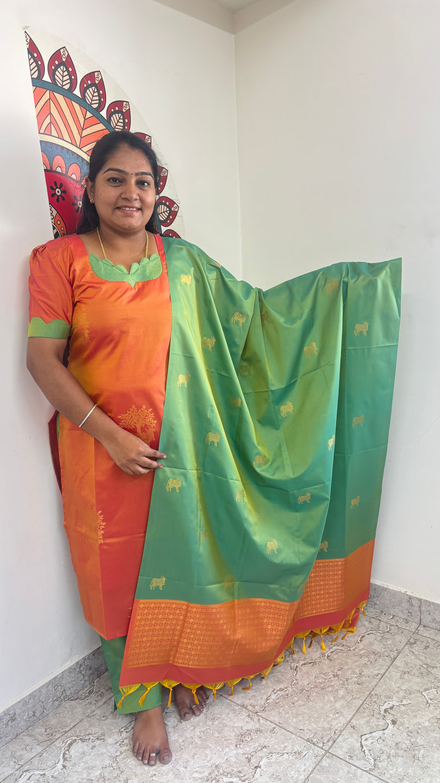 ✨ Coral Orange & Pista Green Soft Silk Salwar Suit, photograph 7 of 8