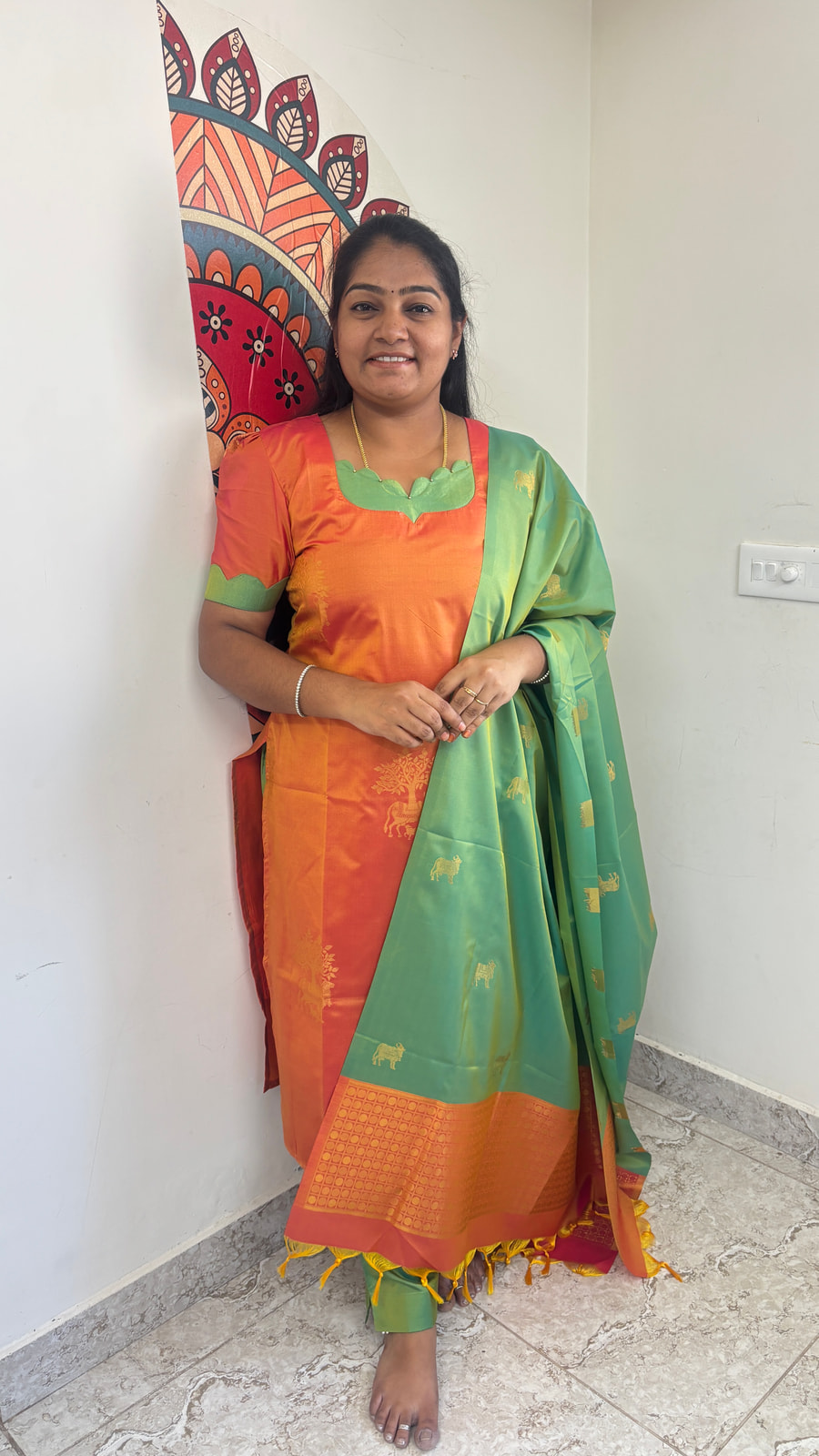 ✨ Coral Orange & Pista Green Soft Silk Salwar Suit, photograph 3 of 8