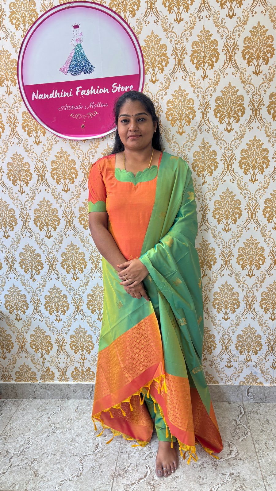 ✨ Coral Orange & Pista Green Soft Silk Salwar Suit, photograph 2 of 8
