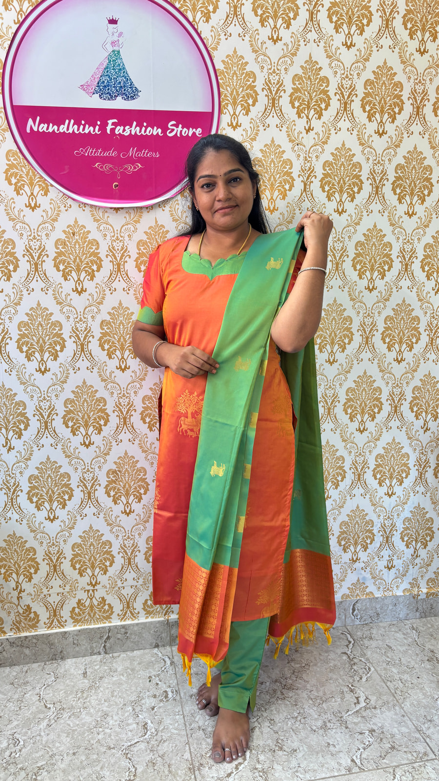 ✨ Coral Orange & Pista Green Soft Silk Salwar Suit, photograph 8 of 8