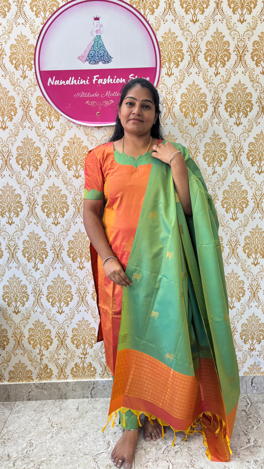 ✨ Coral Orange & Pista Green Soft Silk Salwar Suit, photograph 4 of 8