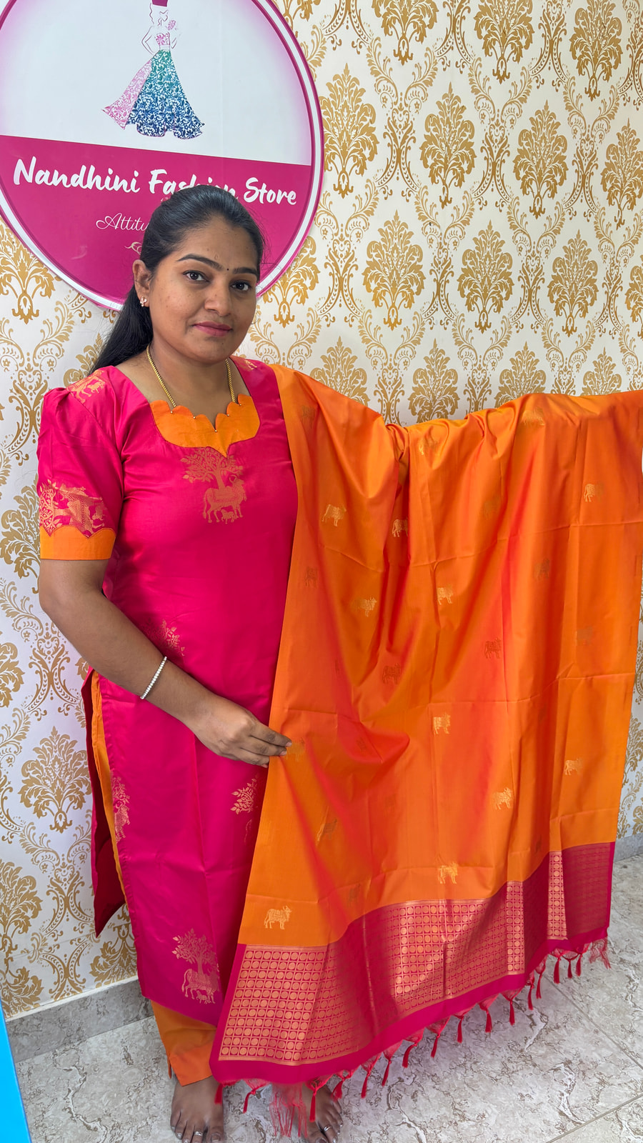 ✨ Mugrutham Pink &  Orange Soft Silk Salwar Suit, photograph 2 of 6