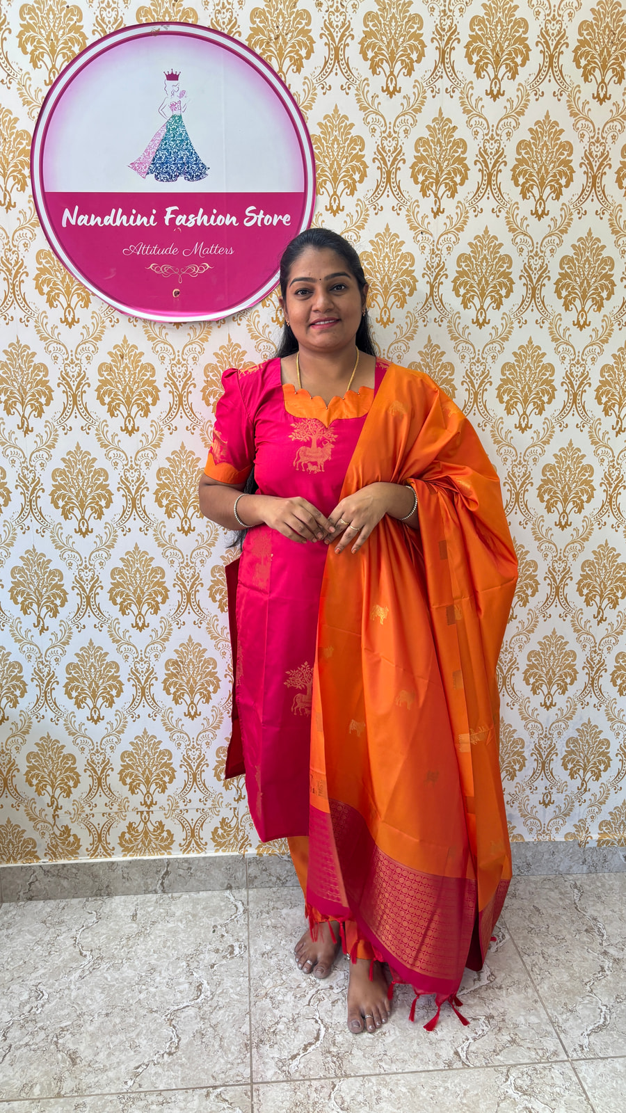 ✨ Mugrutham Pink &  Orange Soft Silk Salwar Suit, photograph 1 of 6