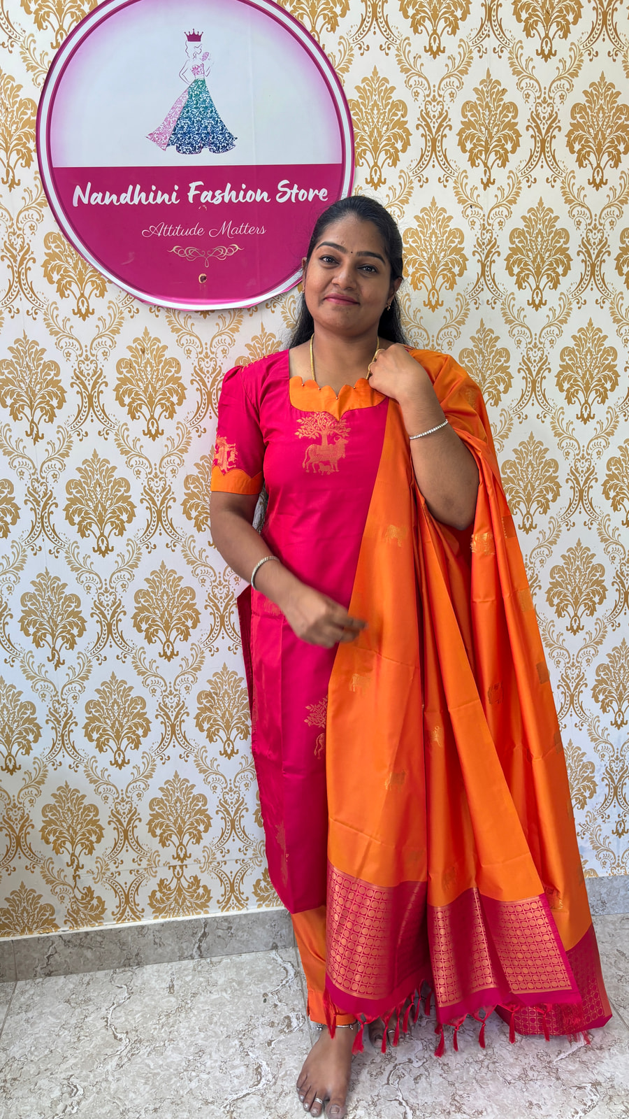 ✨ Mugrutham Pink &  Orange Soft Silk Salwar Suit, photograph 5 of 6