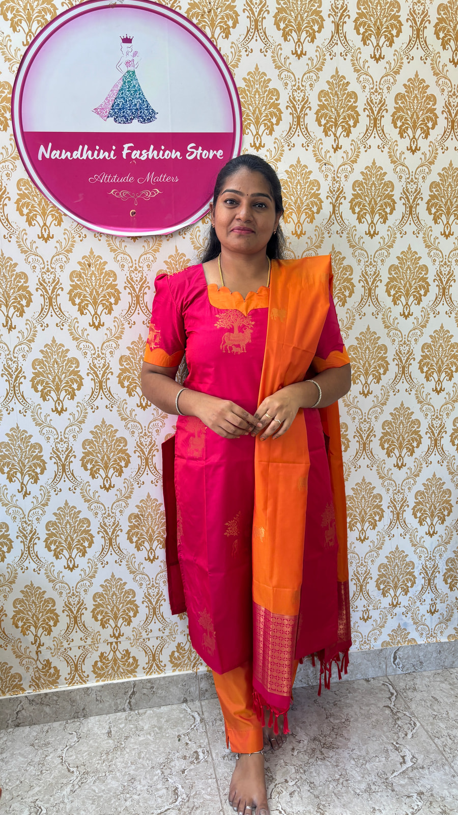 ✨ Mugrutham Pink &  Orange Soft Silk Salwar Suit, photograph 6 of 6