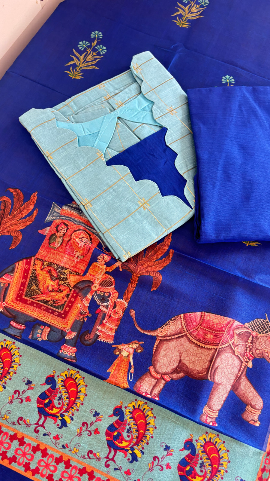 Aqua blue with pallaku digital printed duppata, photograph 3 of 7