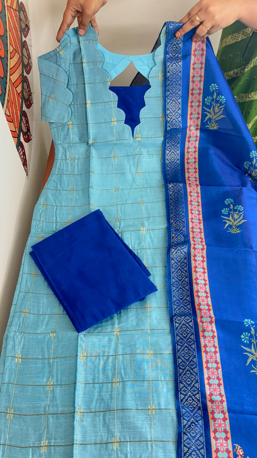 Aqua blue with pallaku digital printed duppata, photograph 1 of 7