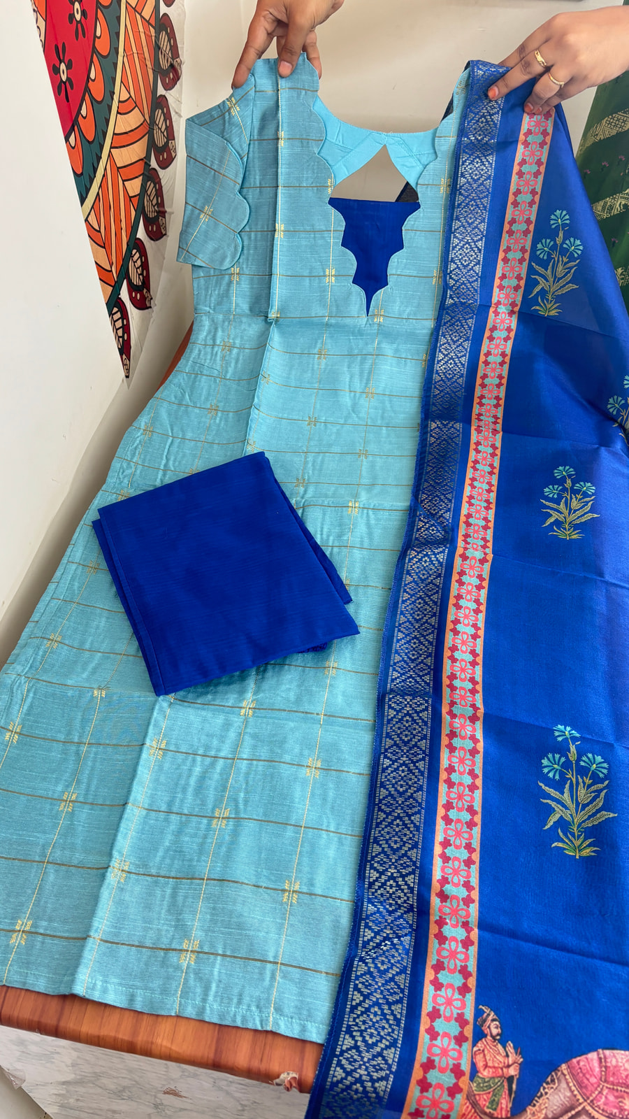 Aqua blue with pallaku digital printed duppata, photograph 2 of 7
